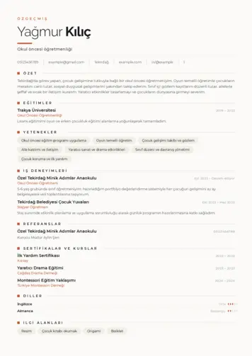 Okul Öncesi Öğretmeni Öğretmenliği Cv Örnekleri cv indir